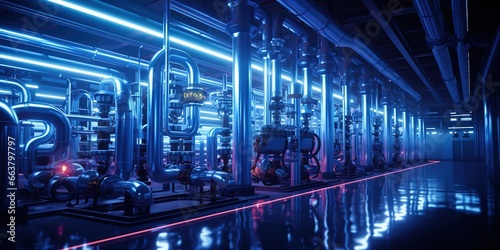 Clean shining interior of the plant. Thick blue pipes system lit with neon light