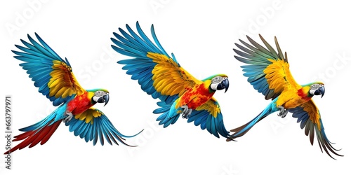 Collection of three birds, flying macaw parrots set( red, blue and blue - and - yellow) isolated on white background as transparent