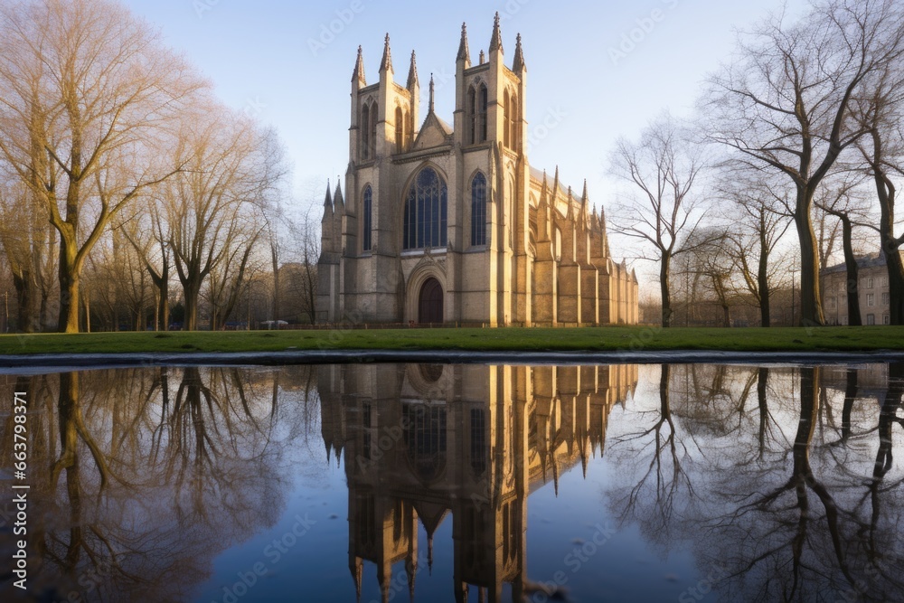 reflection of a medieval cathedral in a pond