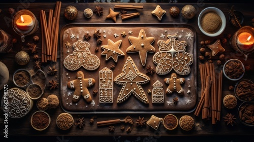 Raw Christmas gingerbread cookie dough shaped for the holiday season. Christmas gingerbread cookies cooking. Horizontal banking background for web. Photo AI Generated