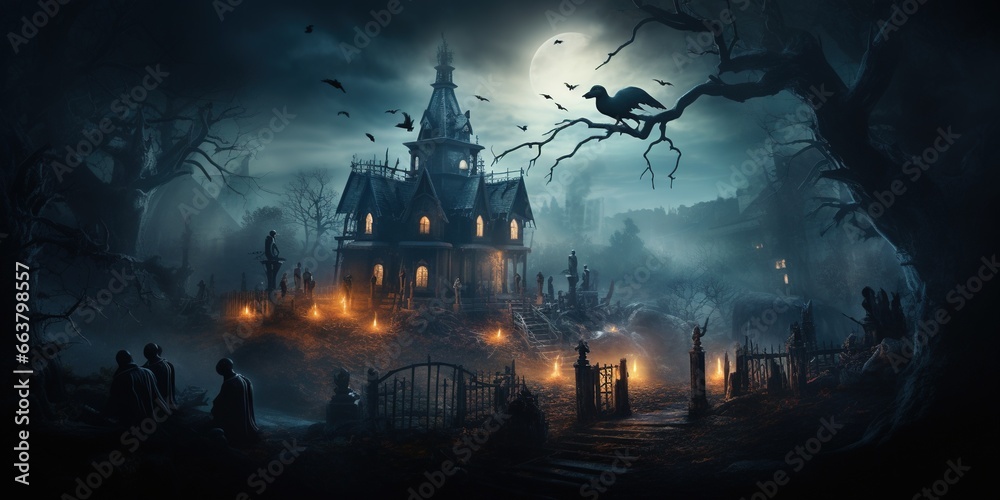 Dimly lit Halloween haunted mansion with ghostly figures nearby and on steps amongst the foggy trees Dimly lit Halloween haunted mansion with ghostly figures nearby and on steps amongst the foggy trees