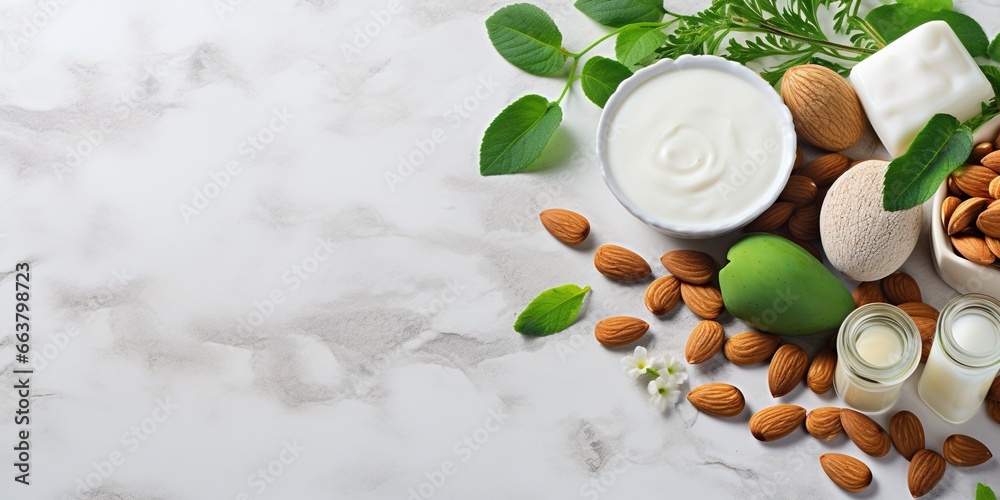 Eco friendly banner with healthy, vegan food. Natural organic vegetables, almond, nut no lactose milk and house plant on white background with copy space. Concept of vegan natural food - obrazy, fototapety, plakaty 
