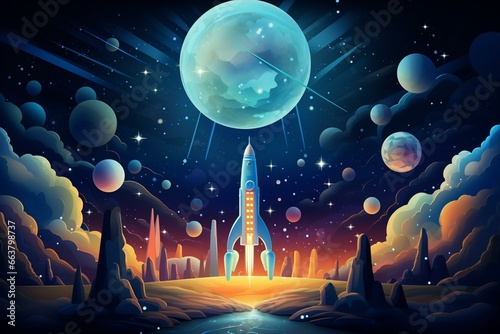 Lunar journey at night with rocket launch and falling stars. Generative AI