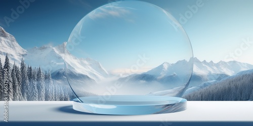 Empty round glass podium opposite beautiful snowy mountain landscape background with clean sky. Scene stage showcase for beauty and spa products  cosmetics  promotion sale or advertising.