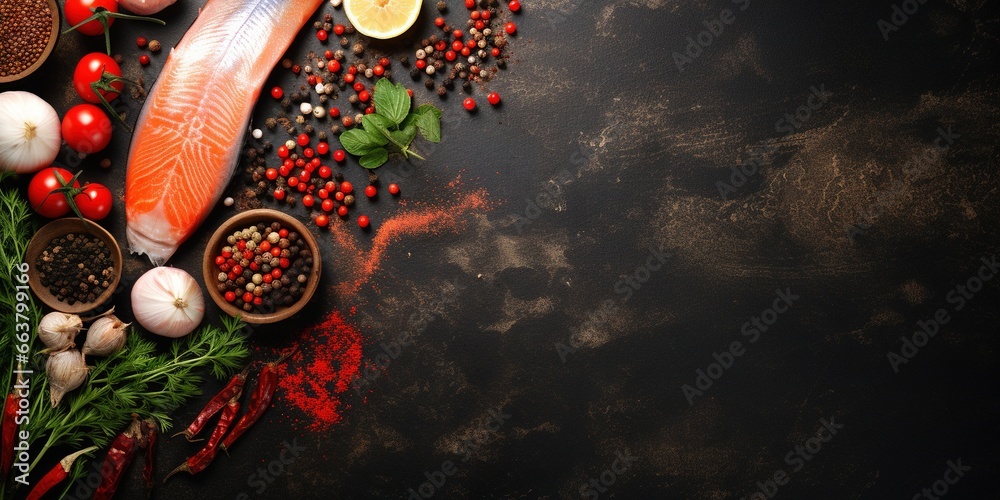 Food banner with fresh sea fish, raw salmon fillet on a black stone background with copy space. Large piece of red fish before cooking with knife.