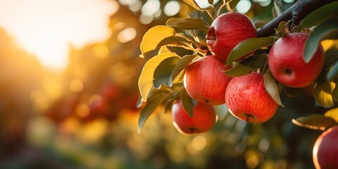 Fruit farm with apple trees. Branch with natural apples on blurred background of apple orchard in golden hour.