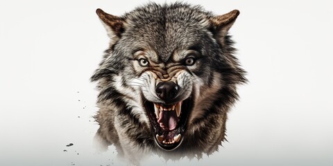 Front view of ferocious looking Wolf animal looking at the camera with mouth open isolated on a transparent background
