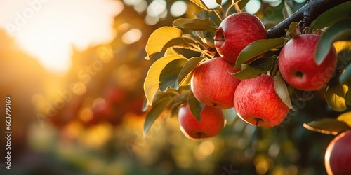 Fruit farm with apple trees. Branch with natural apples on blurred background of apple orchard in golden hour. photo