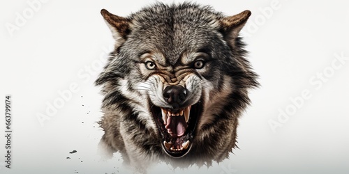 Front view of ferocious looking Wolf animal looking at the camera with mouth open isolated on a transparent background photo