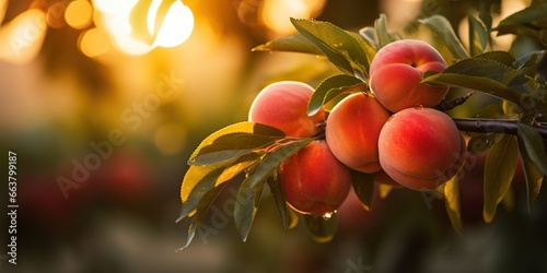Fruit farm with peach trees. Branch with natural peaches on blurred background of orchard in golden hour. Concept organic, local, season fruits and harvesting.
