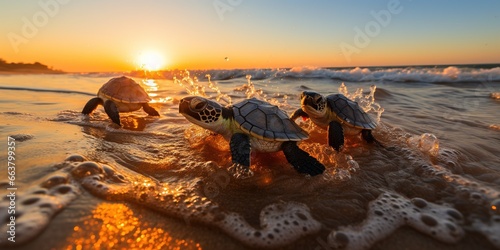 Fototapeta Naklejka Na Ścianę i Meble -  Group of baby sea turtle making their first step into ocean. little sea turtles crawling on sunset sandy beach.