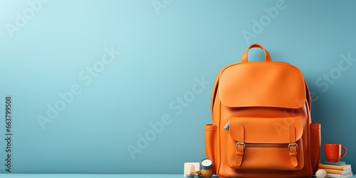 Illustration Blue - orange school backpack on a blue background, banner, copy space.