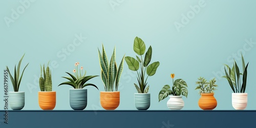 Illustration of houseplants in pots standing in a row on an empty blue background with space for text.