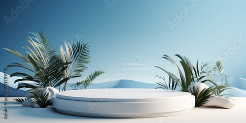 Luxury white podium with blue nature background for your luxury product
