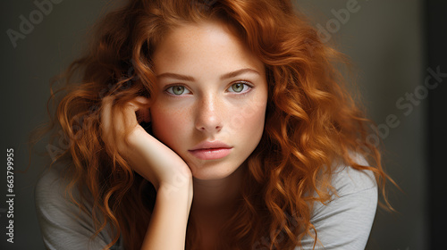 Portrait of a beautiful young woman with red hair, close up