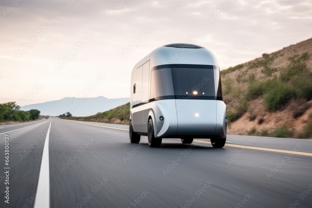 futuristic self-driving moving van on the road futuristic self-driving moving van on the road