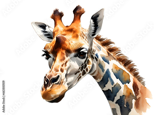 Watercolor illustration of a face of a giraffe, 2d watercolor illustration isolated in transparent background  © RsL.PNG