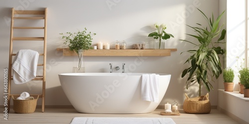 Modern sustainable white bathroom interior with bathtub, bath accessories and white towel on wooden shelf with potted plants. Eco friendly bathroom interior. photo