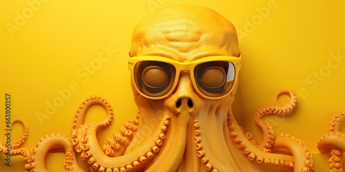 Octopus in sunglasses on a yellow background, banner, space for text.
