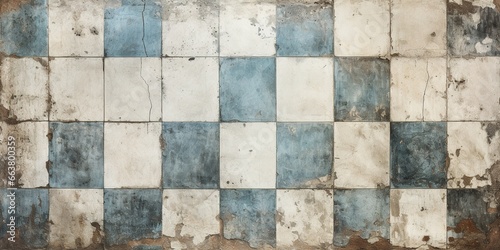 Old blue white rusty vintage worn shabby patchwork checkered chess chessboard lozenge diamond rue motif tiles stone concrete cement wall texture background banner