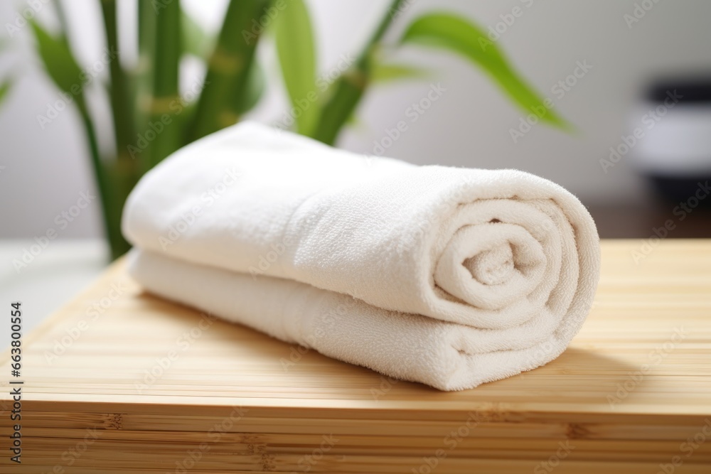a clean towel rolled up at the edge of a bamboo bathmat a clean towel rolled up at the edge of a bamboo bathmat