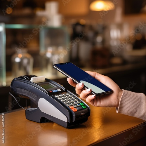 Mobile Payment concept, Woman holding smartphone close to electronic payment machine, Paying the bill with mobile phone at the bar