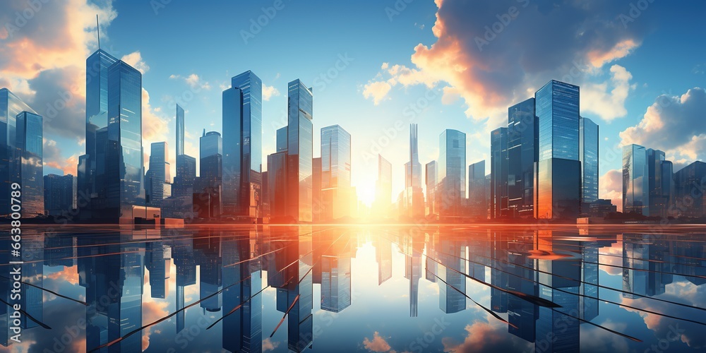 Reflective skyscraper business office buildings. Bottom up view of big modern city urban landscape Reflective skyscraper business office buildings. Bottom up view of big modern city urban landscape