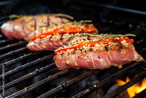 tuna steak on a grill, sesame seeds visibly charring