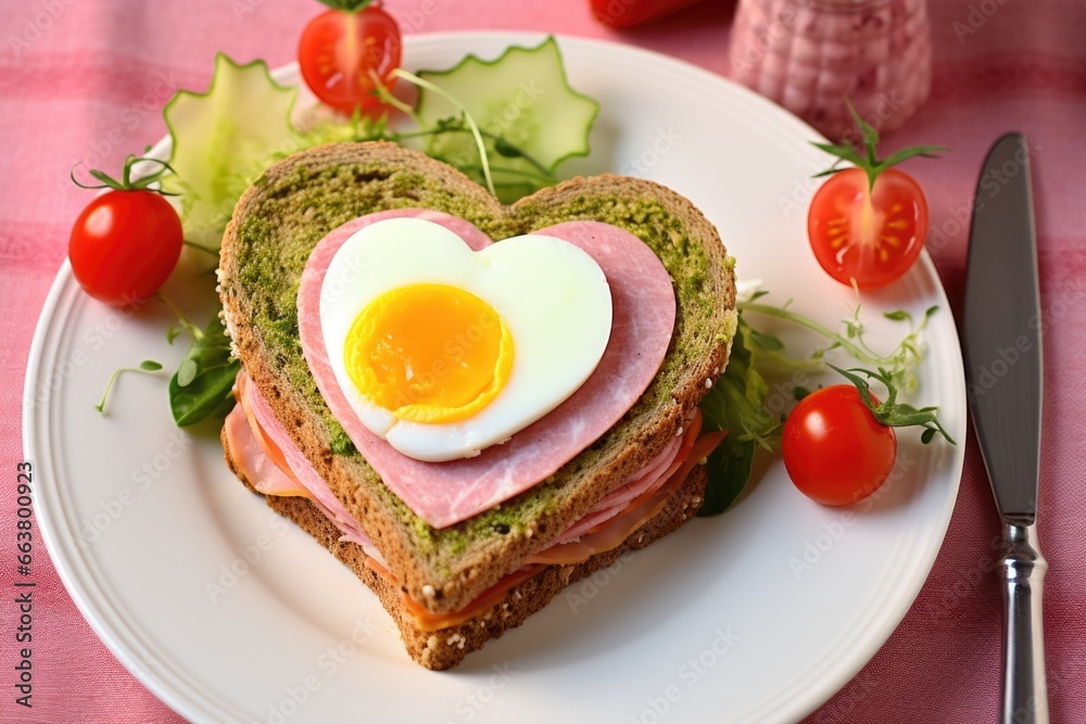 sandwich trimmed into heart-shape on a pastel plate