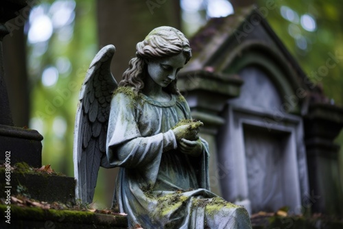 a stone angel statue in an old graveyard