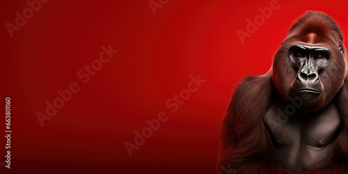 Strong gorilla on a red background. Banner, copy space.