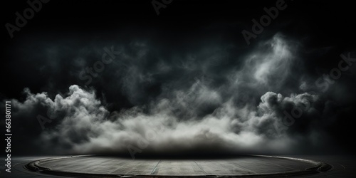 Storm in the dark. Smoke over the floor. Concrete platform podium with smoke