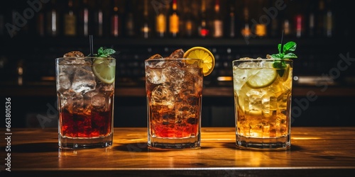 Three different types of drinks on a table with a wooden table.