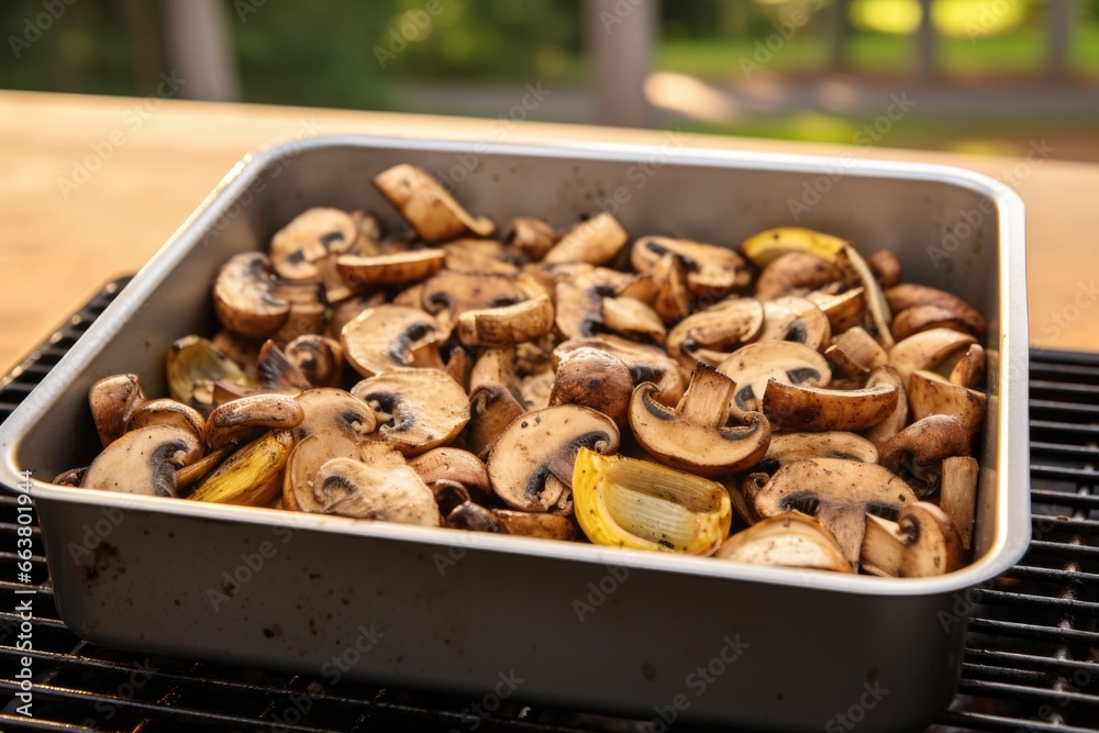 closed grill container filled with grilling mushrooms closed grill container filled with grilling mushrooms