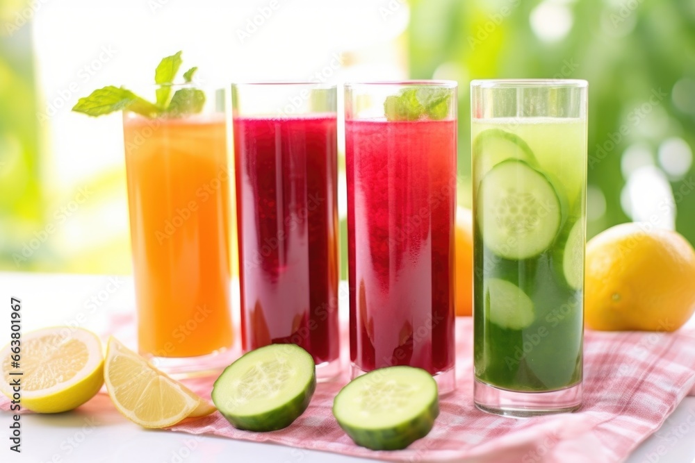 brightly colored beet, carrot, and cucumber juice in tall glasses brightly colored beet, carrot, and cucumber juice in tall glasses