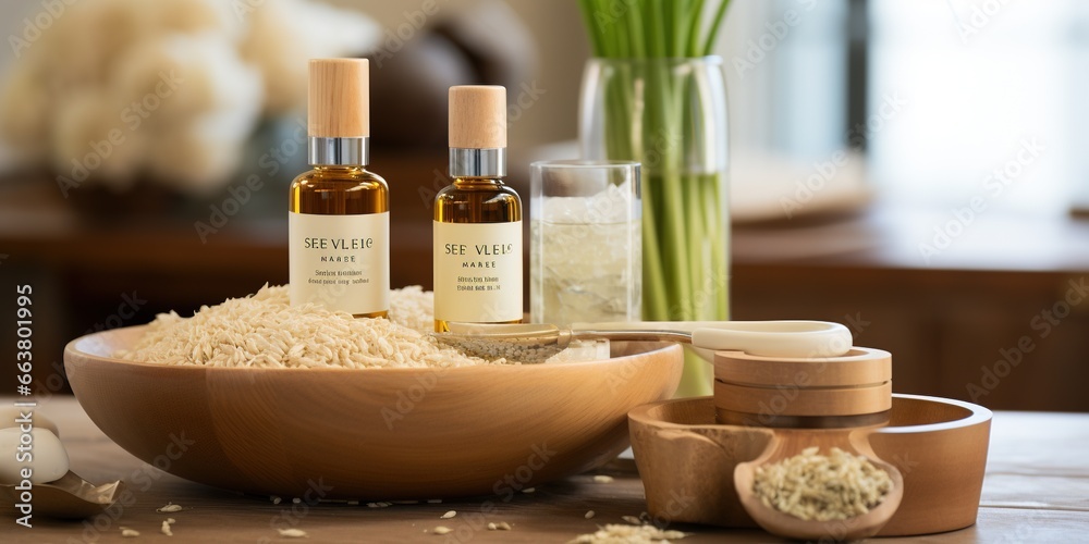 Wellness banner with rice face serum and rice grain in wooden bowl on blurred interior background. Natural cosmetics based on fermented products.