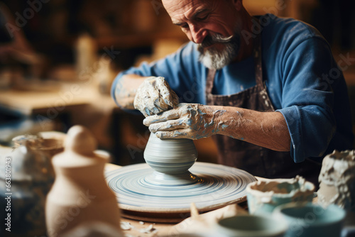 Artisan man working with clay while generating a vase. Generative AI photo