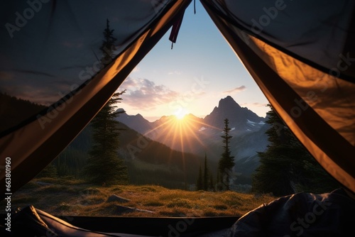 Landscape through tent opening, showcasing majestic mountains with a picturesque sunrise. Generative AI