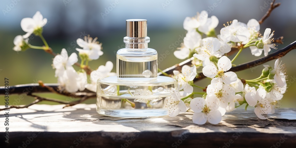 White glass dropper bottle with serum on a glass shelf on a natural spring background with apple blossom branche. Natural beauty product based on fermented products. White glass dropper bottle with serum on a glass shelf on a natural spring background with apple blossom branche. Natural beauty product based on fermented products.
