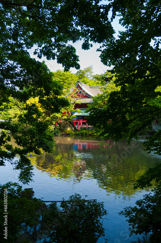 Shrine surrounding by nature, alongside a lake, in inokashita park, Tokyo, Japan