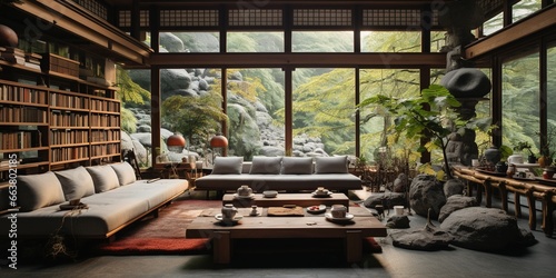 Wide angle of japandi living room interior decor, no people