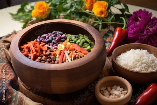 handmade wooden bowl holding rice, beans, and colorful veggies photo