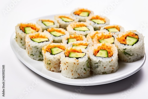 sushi rolls with cucumber filling on a white plate