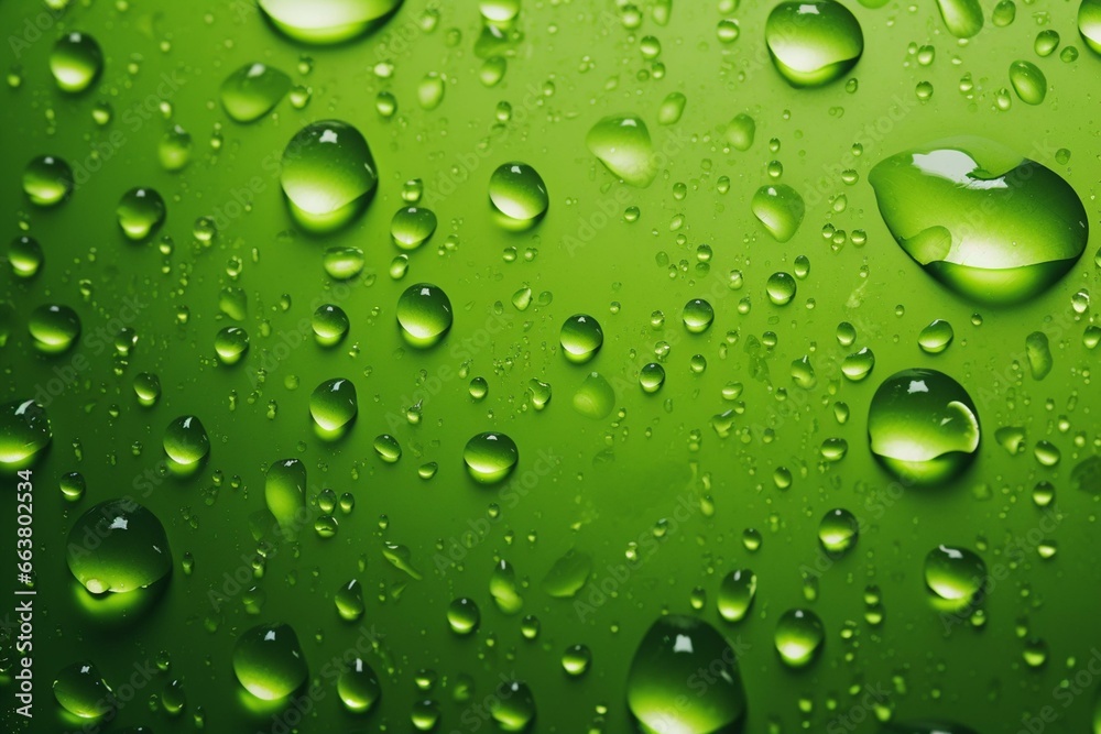 Green background covered in liquid droplets. Modern wallpaper. Generative AI