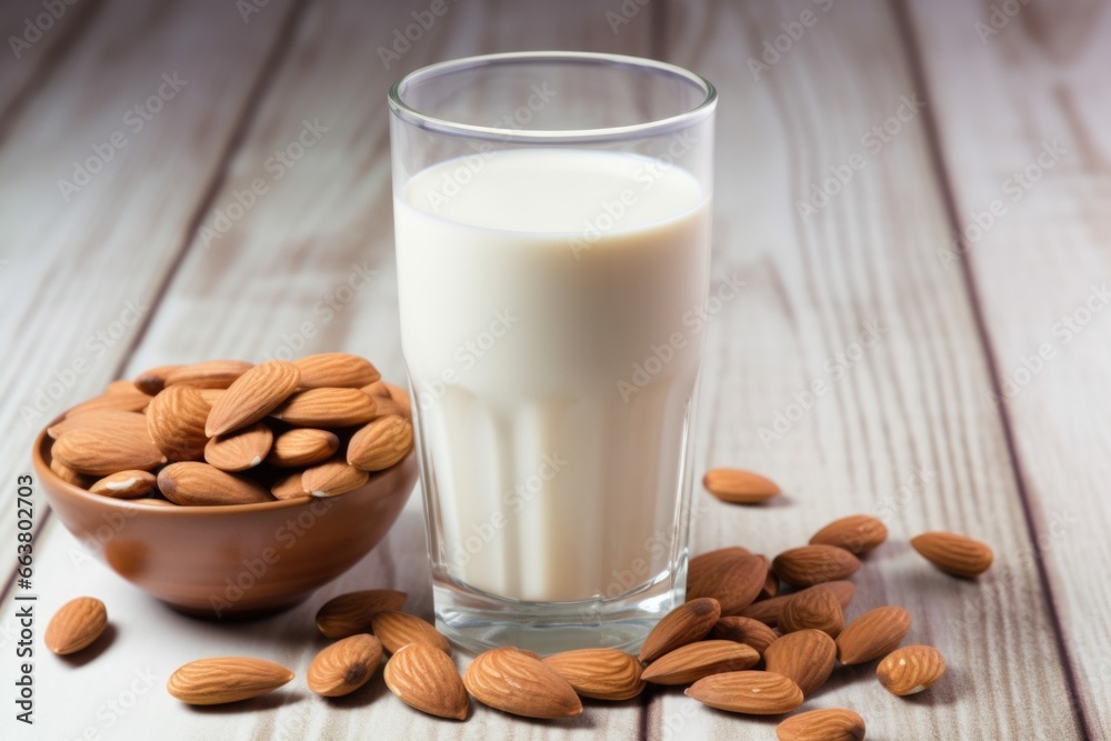 glass of almond milk next to whole almonds glass of almond milk next to whole almonds