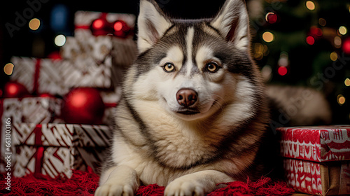 Dog with a Santa Claus Hat Sitting by a Christmas Tree Digital Art Wallpaper Background Backdrop Cover Poster