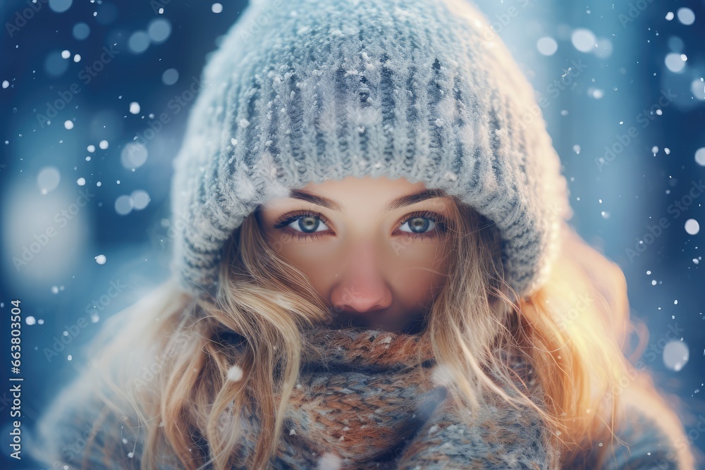 Woman in cozy knitwear, against a deep blue - Embracing winter's chill, fresh snowflakes - AI Generated Woman in cozy knitwear, against a deep blue - Embracing winter's chill, fresh snowflakes - AI Generated