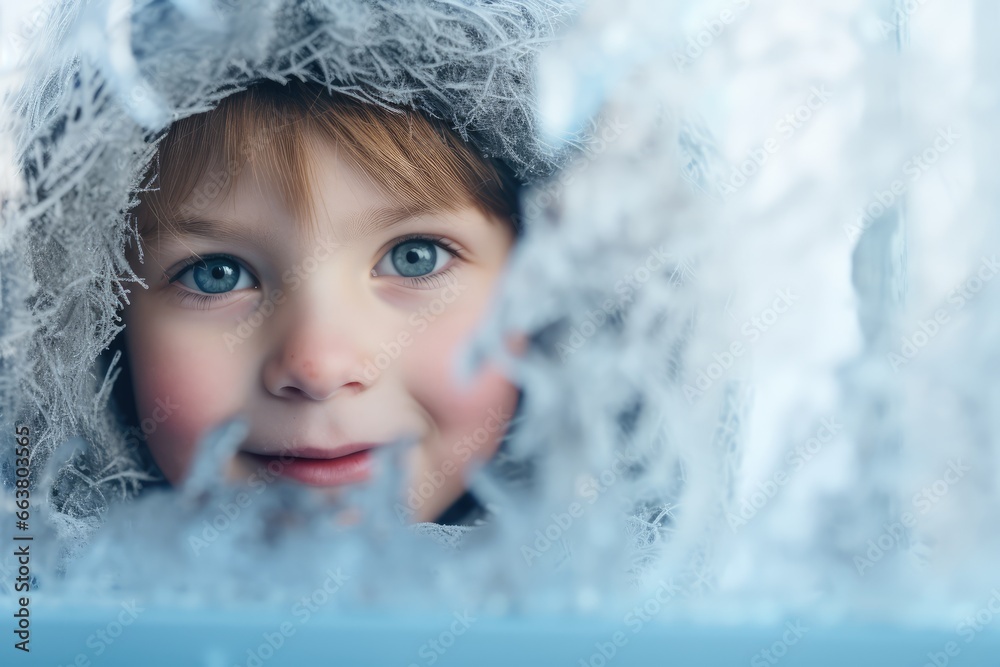 Child in frosty icy Winter Wonderland  - first snow - AI Generated