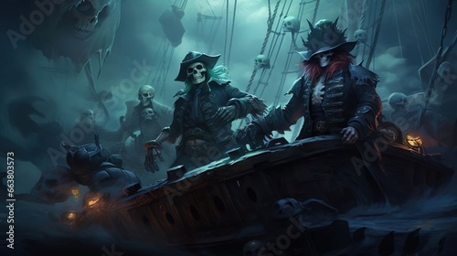 Canvastavla Spooky pirate crew of skeletons on board