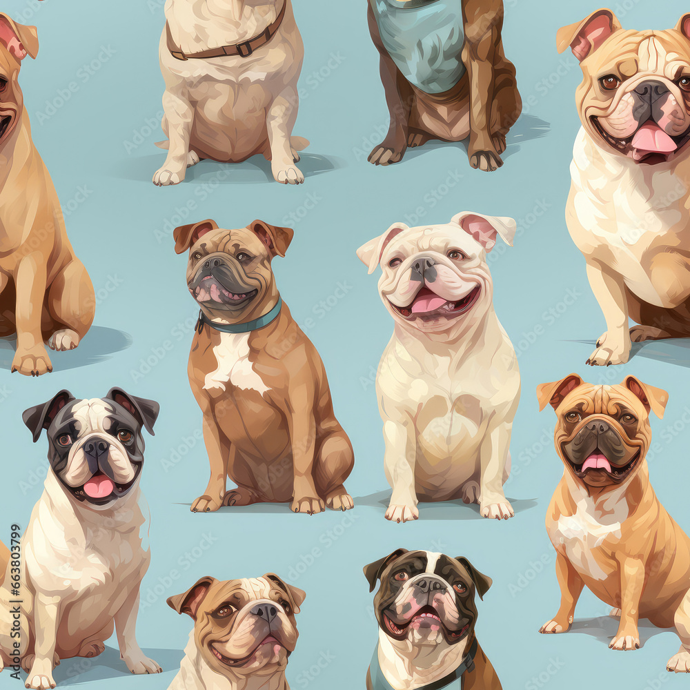 Fototapeta premium Bulldogs dogs breed cute cartoon repeat pattern